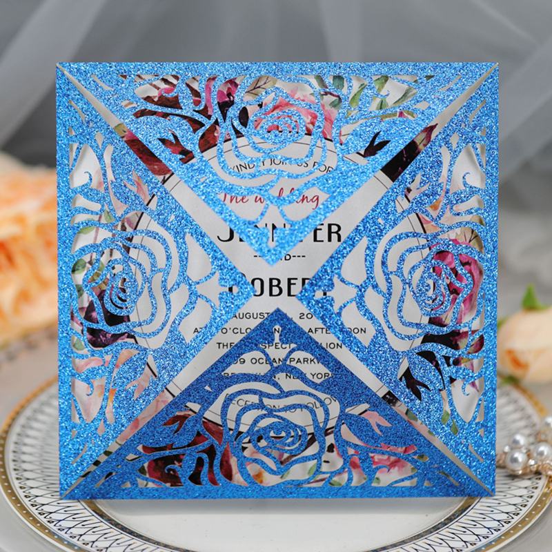 

2021 New Wedding Glitter Rose Invitation Cards Laser Hollow Out Glitter Jewelry Blue Business Invitations Card By DHL Hot Selling, Silver