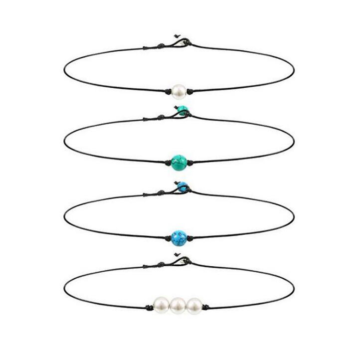 

Single Pearl Choker Necklace 3 Bead Necklace Single Gemstone/Turquoise Choker and Blue Turquoise Necklace on Leather Cord for Women Girl