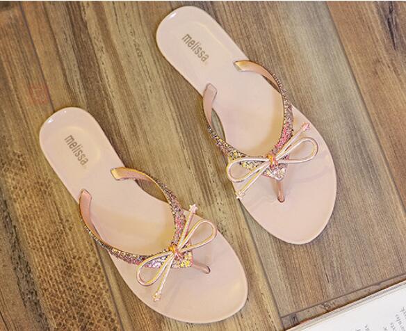 

Hot Sale-Summer Flip Flops Woman paillette Sandals Women Bow knot Flat Slippers Girls paillette Cool Beach Slides Jelly Shoes, Black