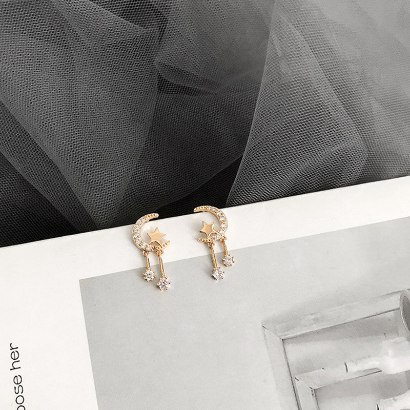 

Dangle & Chandelier Fashion Design Moon Stars Drop Earrings 2021 Gold Color Rhinestones Gift For Girl