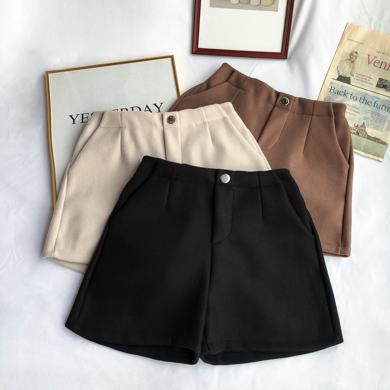 

Winter Woolen Shorts Women High Waist Female Loose Thick Warm Elastic Waist Boots Shorts Wide Leg A-line Korean Fashion, Black