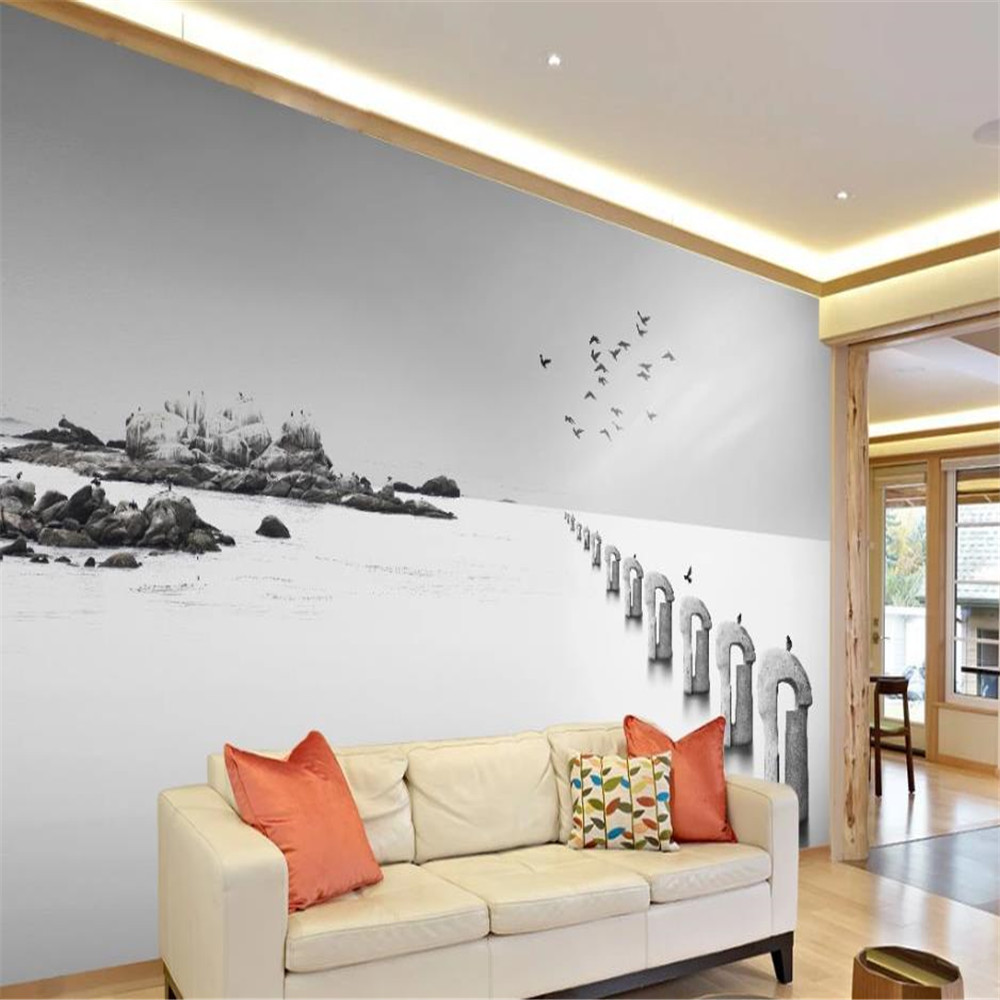 

custom 3d photo wallpaper 3d stereoscopic wallpaper Abstract black and white sea birds wallpapers background wall, Grey