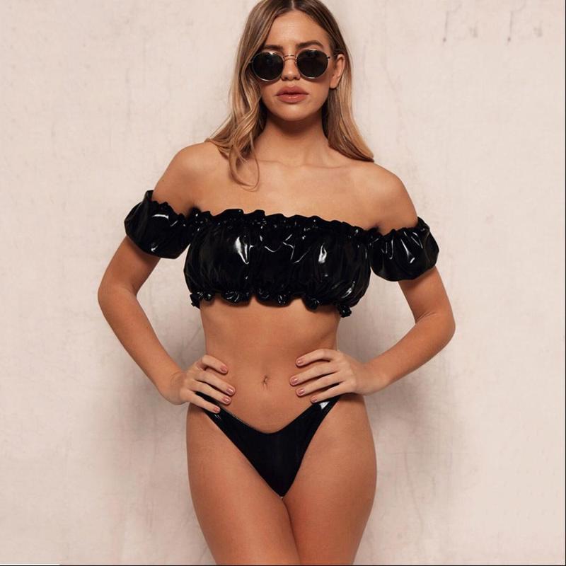 

New Black Bright Leather Bikini Swimsuit Two-piece Suit For Women Sexy Wavy Edge Halter Top Split Two Pieces Swimwear