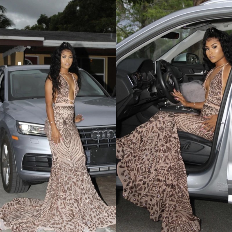 

2020 Brown Sexy Plunging V Neck Mermaid Prom Dresses Sleeveless Sparkly Long Evening Gowns African Reflective Dress, Same as picture