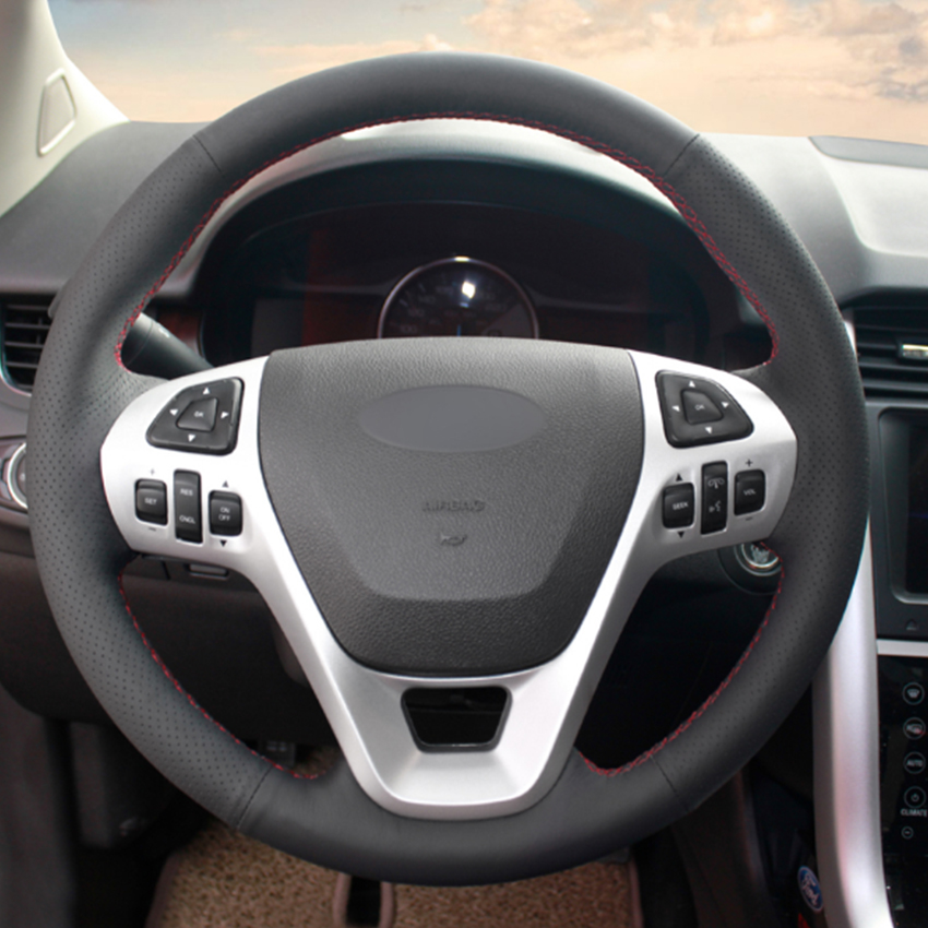Black Natural Leather Car Steering Wheel Cover for Ford Explorer 2011-2016 Taurus 2012-2015 Edge 2011-2014-image-440434034