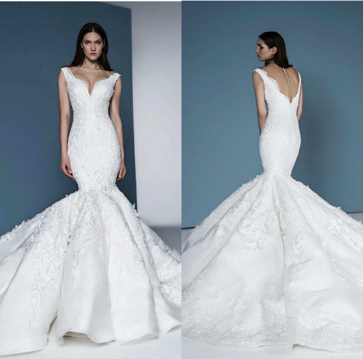 

Classic Mermaid Wedding Dresses Sleeve-less Sweetheart Appliques Beads Lace Bridal Gowns Sweep Train Robes De Mariée, Ivory