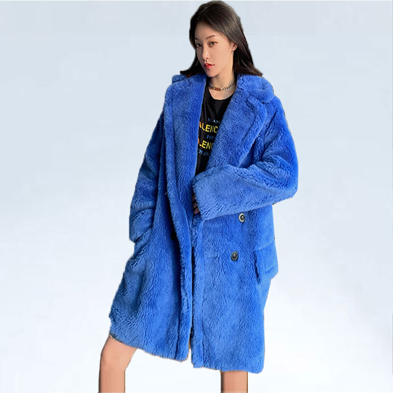 

Winter Coat Real Teddy Fur Coats Women Fashion Long Sleeve Fur Jackets Women Elegant Solid Pockets Longer Coats Female Ladies, Yellow long