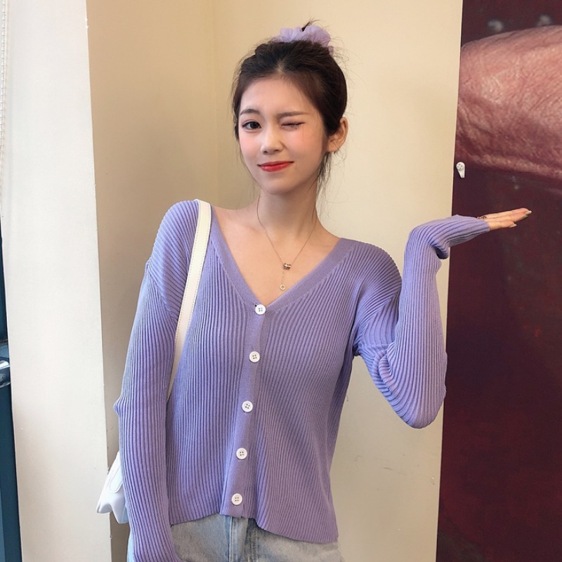 

Elegant Short Knitted 2020 Women Autumn Casual Avocado purple Knit Cardigan Cropped Knit Top Soft Sweater Vintage Cardigan