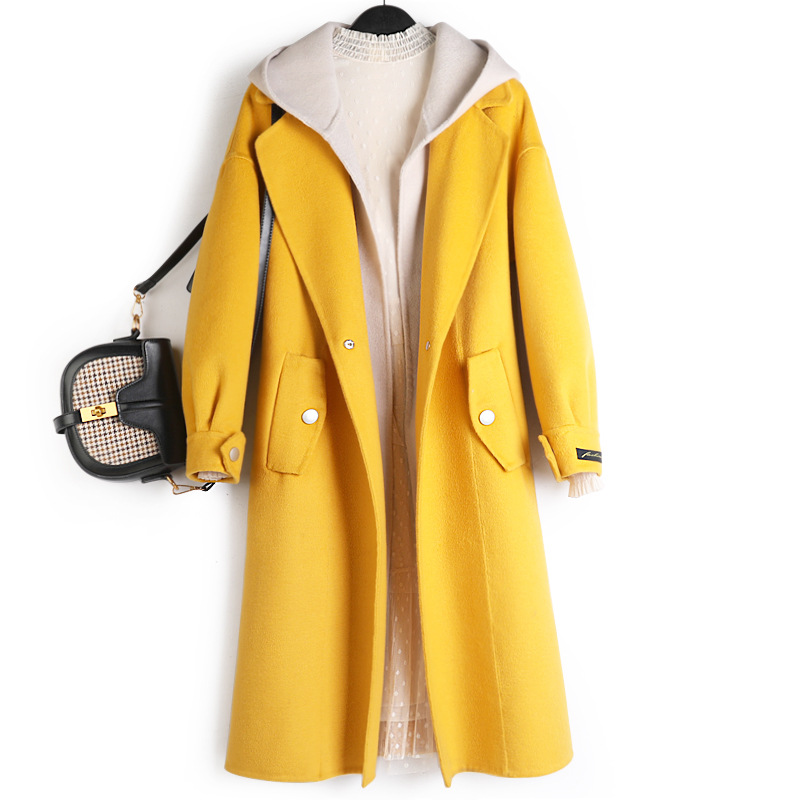 

Casaco Feminino Wide-waisted Women Wool Coat Hooded Covered Button Korean Coats and Jackets Trench Coat yellow, Beige