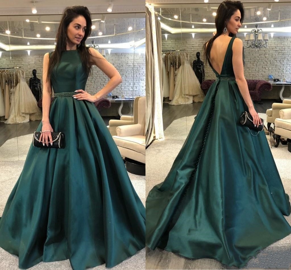 

2019 Classic Sexy Backless Prom Dresses with Beads Party Dresses Dark Green Graceful Satin Evening Gowns Bateau Evening Dresses Customize, Nude