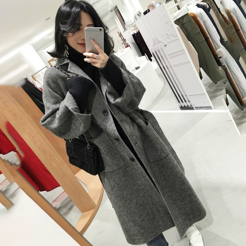 

EWQ] 2020 Autumn Winter New Thick Warm Long Women Outerwear Korea Plus Size Coat Women Wool Full Sleeve Belt Woolen Coat QL305, Black coffee