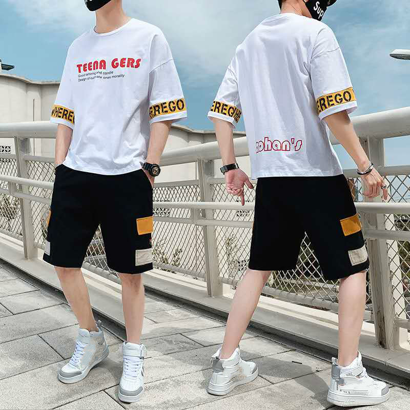 

Hip Hop Men Tracksuit New Summer T-shirts + Shorts Sets 2 Pieces Loose Sets Streetwear For Man Good Quality Cotton Casual Set, Black 237