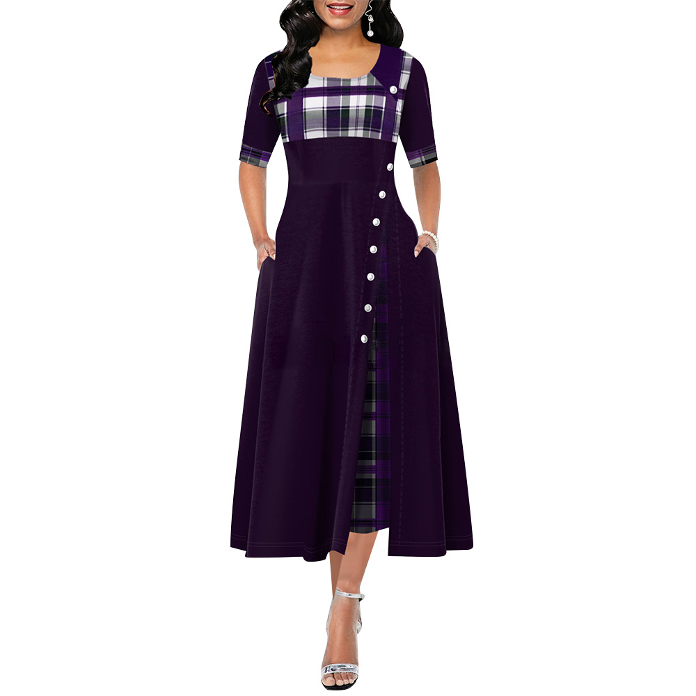 

New Women Casual Dresses Irregular Plaid Print Button Maxi Dress Half Sleeve Round Neck Plus Size Party Dress Fashion, Black