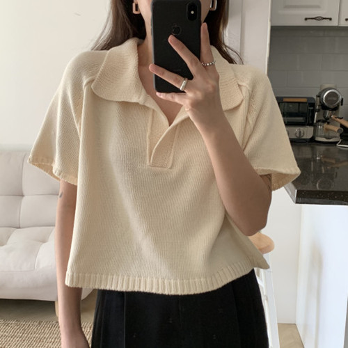 

Knit Crop Vintage Cream Shirt Women Short Sleeve Cropped Top Streetwear Korean Style Knitted Polos Shirt Women, Beige