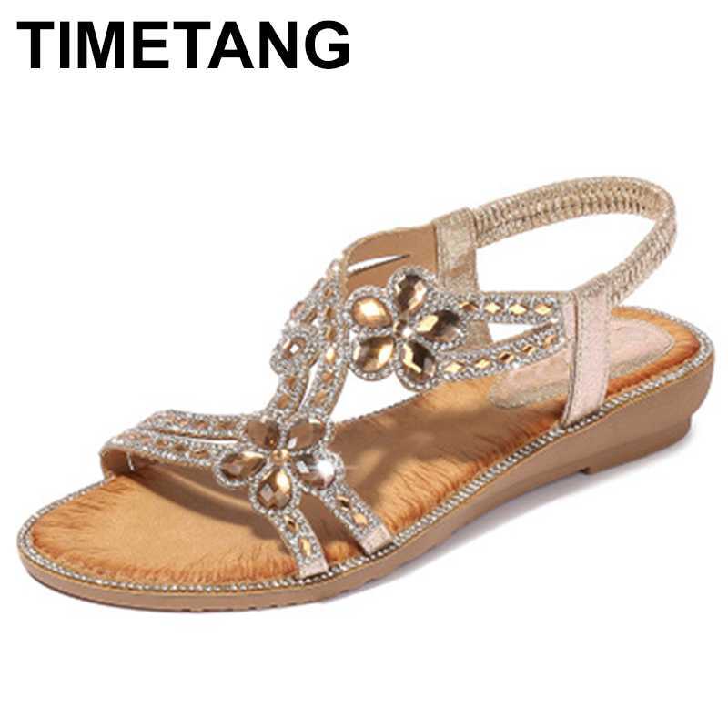 

TIMETANG Woman sandals female elastic band shoes ladies wedge casual Cyrstal women open toe flower women fashion shoes big size, Black