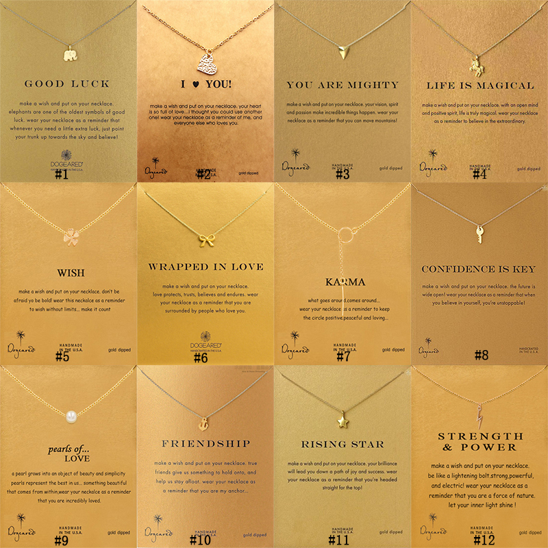 

New Dogeared Necklaces With card Gold Elephant Heart Key Clover Horseshoe Triangle Charm Pendant Necklace For women Fashion Jewelry Gift