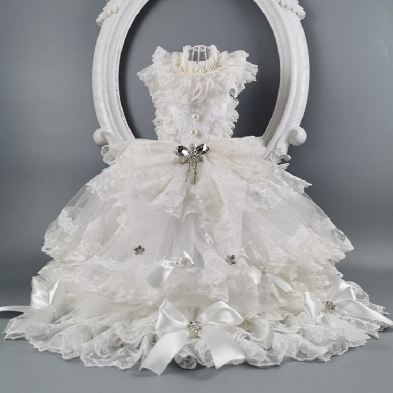 

Free shipping handmade dog clothes big tail lolita pet wedding dresses gorgeous white lace poodle Maltese