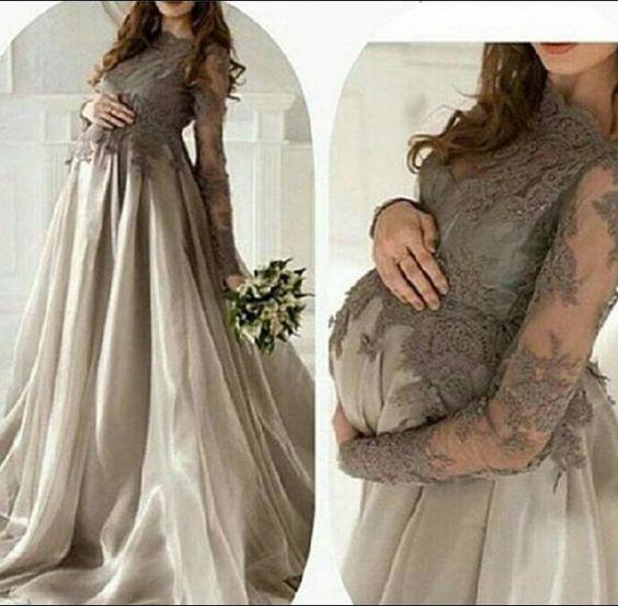 

Elegant Maternity Long Sleeves Evening Dresses Jewel Lace Applique Organza Skirt Plus Size Pregnant Party Dresses Women Prom Gowns Gray, Royal blue