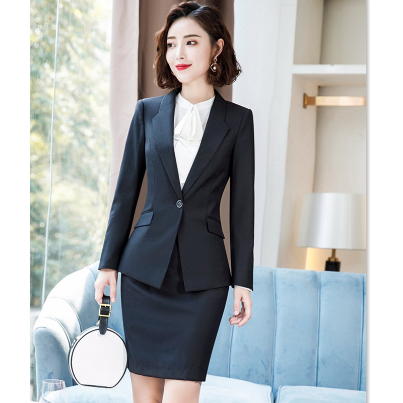

Woman skirt Suit with Pockets Elegant Stripe Slim Fit Blazer+Skirt 2 Pieces Formal Career Skirt Suits Office Clothes, Black