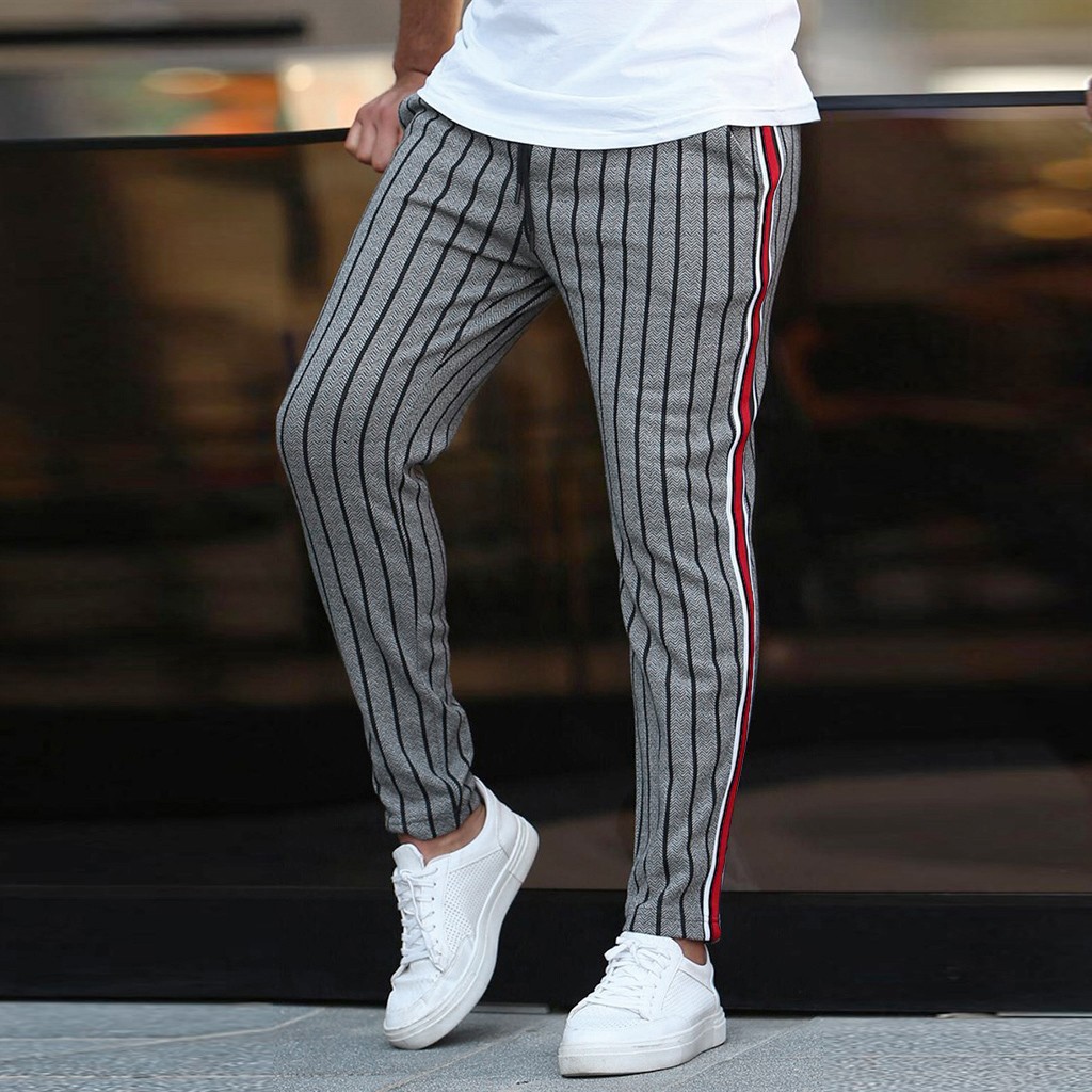 

Men Casual Stripe Print Drawstring Elastic Waist Long Cargo Pants Trousers streetwear joggers sweatpants pantalon homme hip hop, Gray