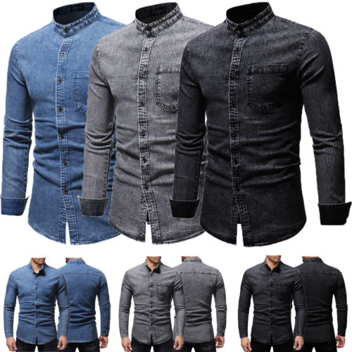 

Januarysnow New Fashion Denim Shirt Men Casual Shirt Slim Fit Long Sleeve Dress Denim Shirt Jeans Top Plus Size 36-44, Black
