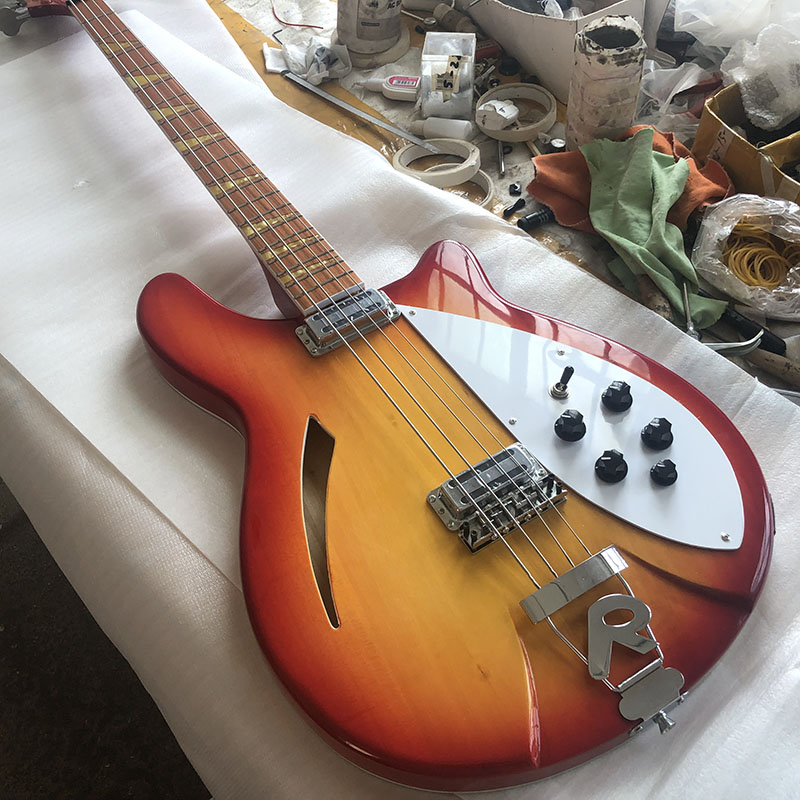

4005 4 Strings Cherry Sunburst Semi Hollow Body Electric Bass Guitar Checkerboard Binding, Gloss Lacquer Fingerboard, MOP Triangle Inlay