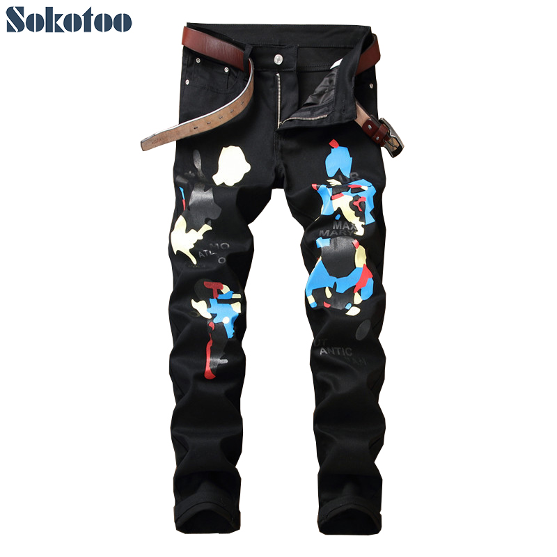 

Sokotoo Men's fashion colored pattern black and white printed jeans Casual slim straight painted stretch cotton pants