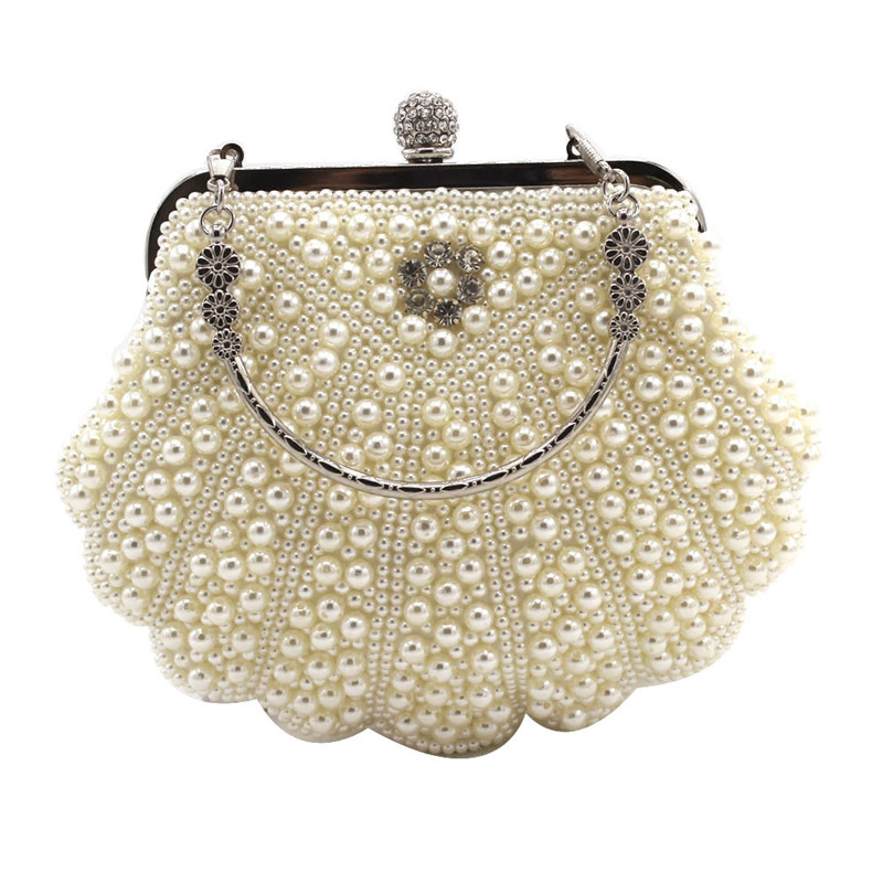 

Pearl Clutch Bags White Shell Crystal Lady Women Handbags Bridal Purse Party Wedding Evening Bags Shoulder Bags, Black