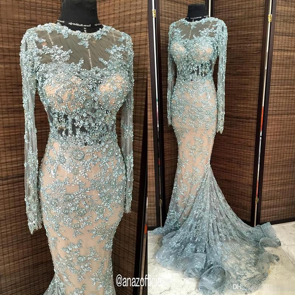 

New Blue Appliqued Prom Evening Dresses Elegant Long Sleeve Formal Party Gown Sheath Celebrity Pageant Dress Custom Made, Light sky blue