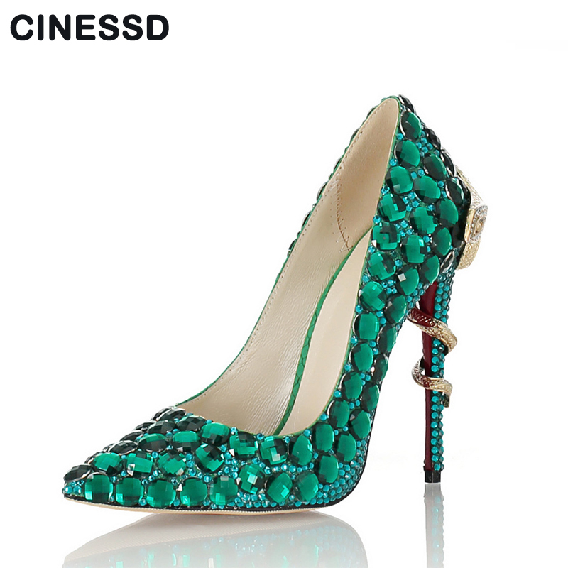 

Handmade green rhinestones wedding pumps sheepskin leather pointed toe red bottoms bridal dress shoes 11cm size, Green without box