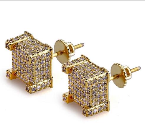 

Mens Hip Hop Stud Earrings Jewelry New Fashion Gold Silver Zircon Diamond Square Earrings For Men GB1296, Golden;silver