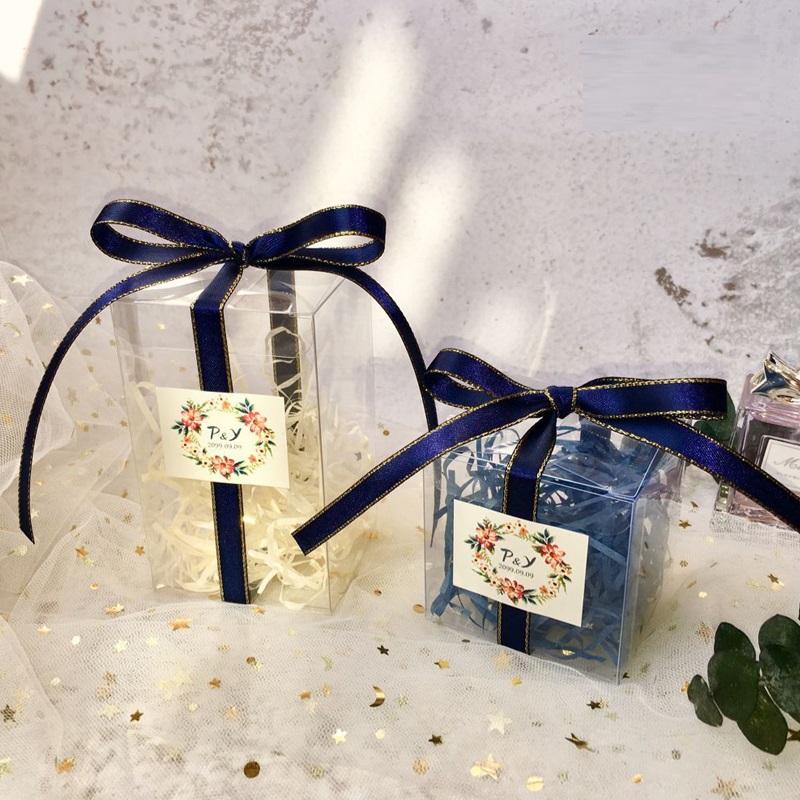 

Free Shipping 50pcs custom name date sticker Wedding favor and gifts PVC blue transparent birth candy box a gift boxes for guest