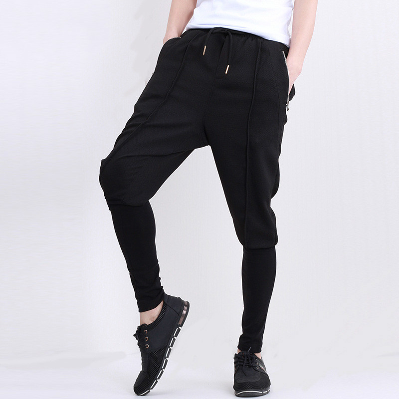 

new Men fashion casual pant fake two splice pants elastic dancing harem pant male street hip-hop slim fit trousers sweatpants, Full length