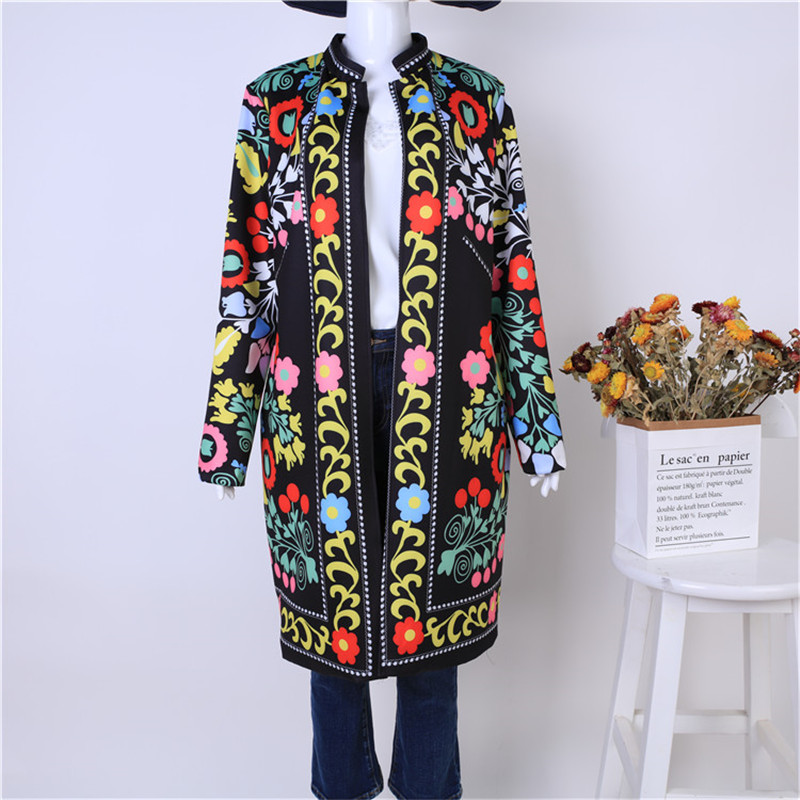 

Spring and Autumn women jacket retro ethnic style fashion slim embroidery print long-sleeved cardigan coat female thin long coat S20200106, Black