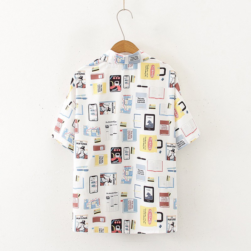 

Summer Print Blouse Women Chiffon Blouses Short Sleeve Lapel Shirts Casual Blusas Tops Women's Clothing, White