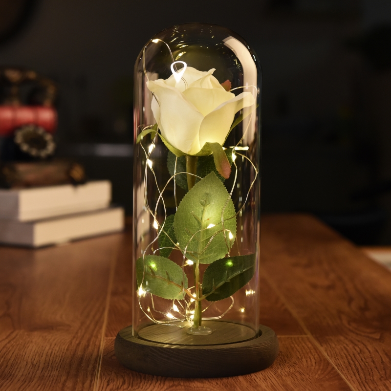 

Glass Birthday Valentine's day Mother's Day Gift Romantic Simulation Rose Glass Cover Led Micro Landscape,Artificial Flowers, A1