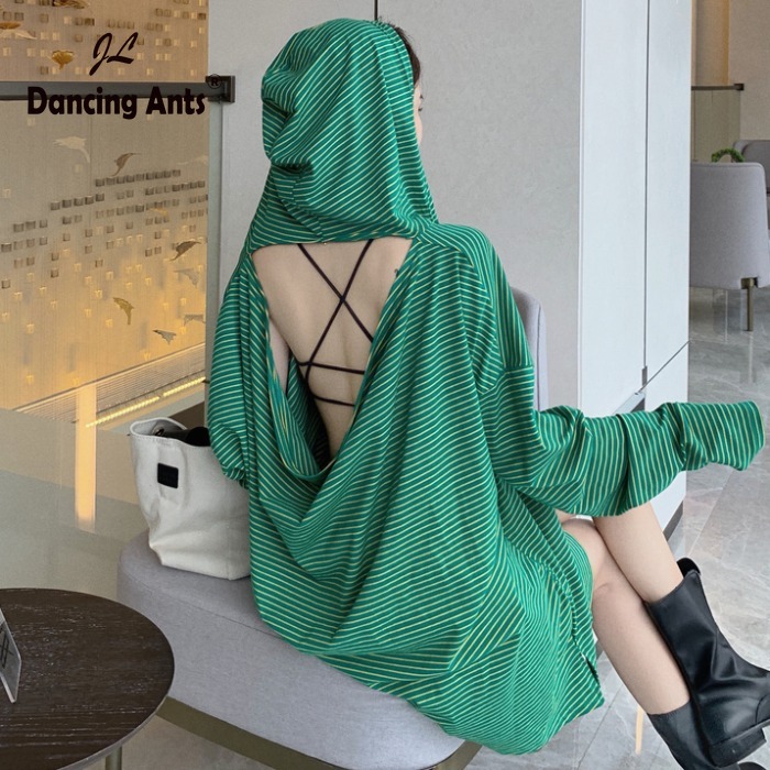 

Women Hoodies V-Neck Long Sleeve Backless Korean Loose Sweatshirts 2020 Summer New Female Fashion Casual Striped Hoodies, Green