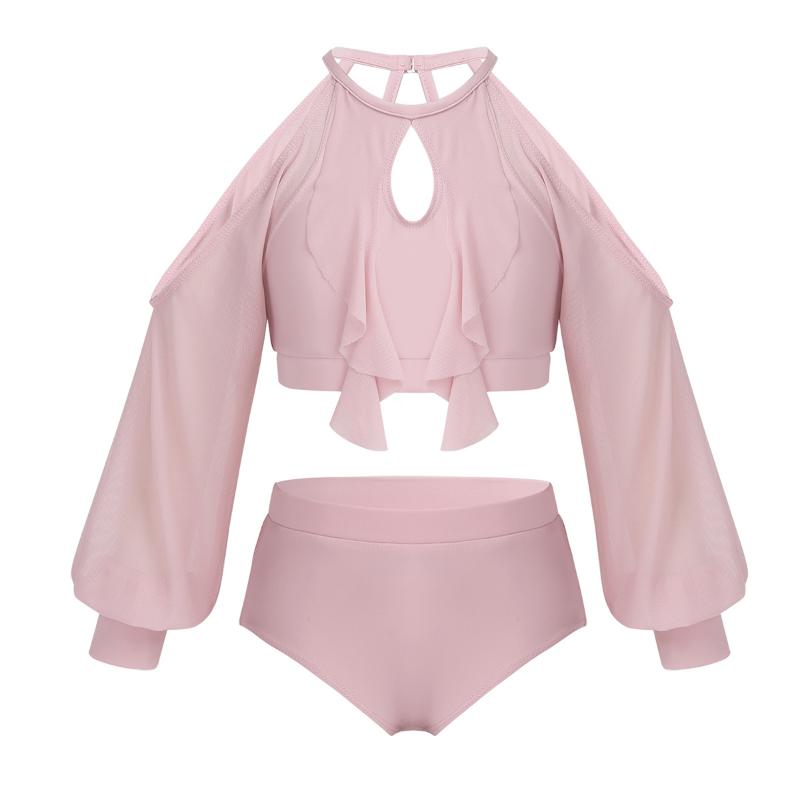 

Kids Girls Two-Piece Dancewear Long Sleeve Ruffled Crop Top with Briefs Set Ballet Gymnastics Outfit Stage Performance Costume, Black