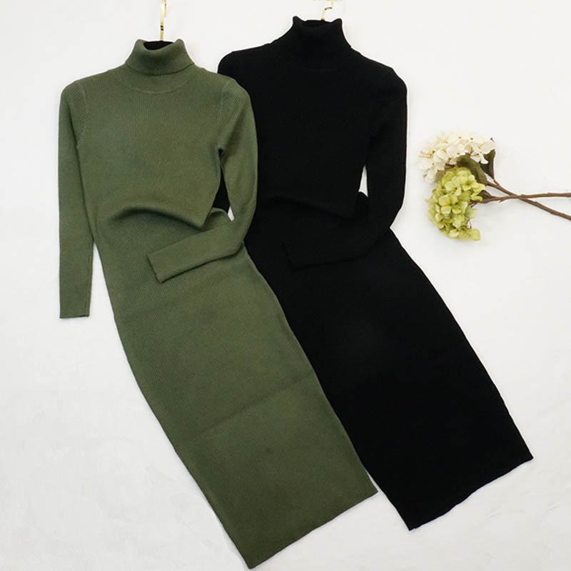 

New Autumn Winter Women Knitted Dress Turtleneck Sweater Dresses Lady Slim Bodycon Long Sleeve Bottoming Dress Vestidos PP003, Black