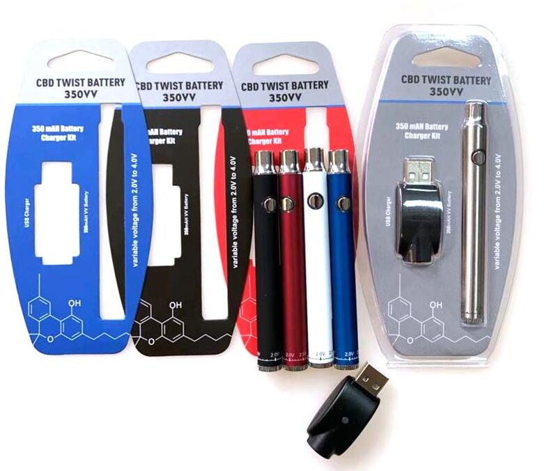 

Blister Pack 350VV Preheat Battery 350mAh Bottom Twist Cartridge Kit Vape Pen Variable Voltage Ego Spinner Battery with USB Charger