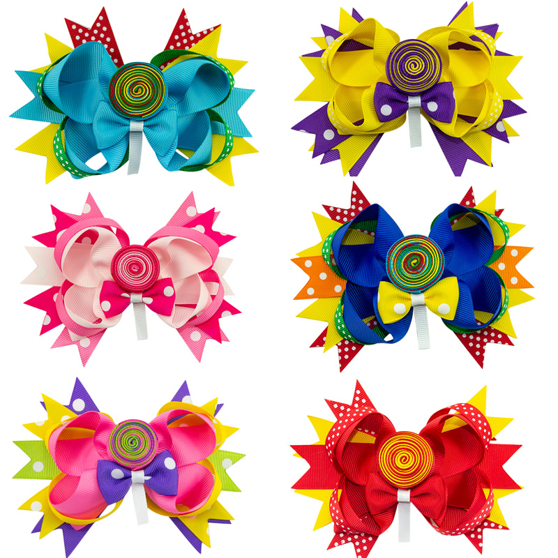 

6pcs 4 inch Cute cartoon lollipop circle everyday hair bow clip bowknot hairpin princess headdress gift hair accessories, Sky blue