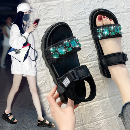 

2020 new ins net red sponge cake thick bottom sandals female summer Korean wild rhinestone chic Roman fairy shoes, Black