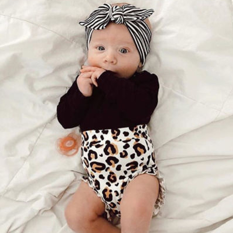 

Toddler Infant Baby Kids Girl Black Long Sleeve Romper Tops+Leopard Print Short Pants 2PCS Casual Outfits New Fashionable, White