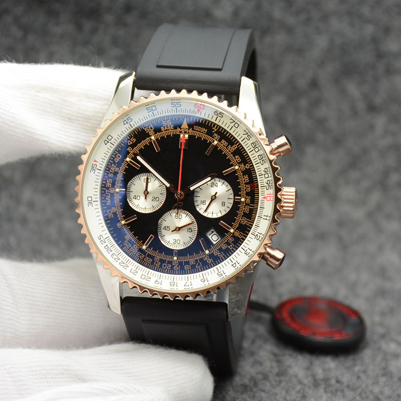 

44MM Quartz Chronometer Mens Watches Gold Case Men Watch Date Wristwatches Stainless Steel Bezel Black Dial Rubber Band, No send watch for shipping