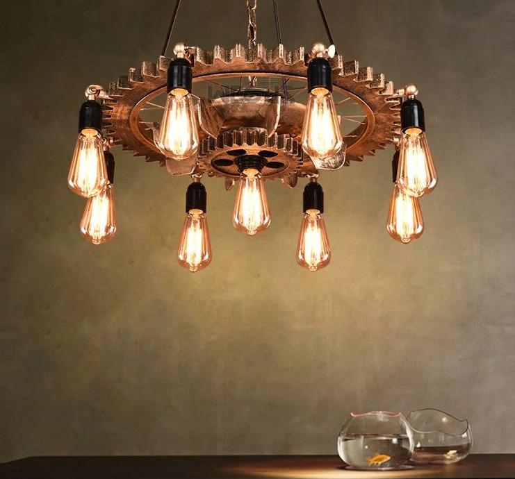 

Creative loft pendant lamp vintage iron wood gear light bar study dining room living room restaurant cafe chandelier headlight LLFA