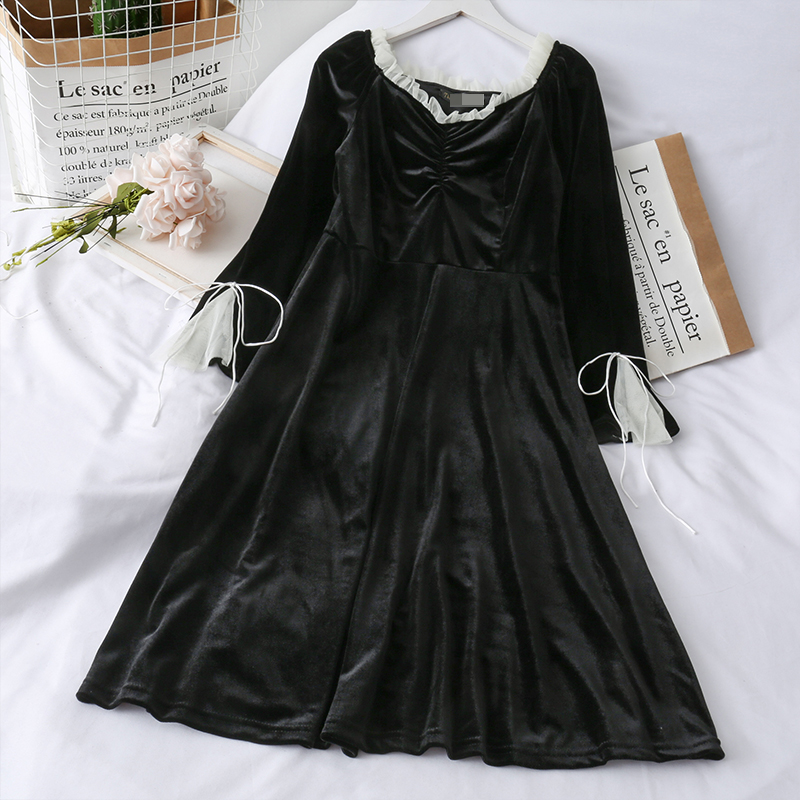 

Fast Shipping Large Stock Women' Solid Color Straps Korean Chic Dress Long Sleeved Summer Backless Fold Cake Dress, Black