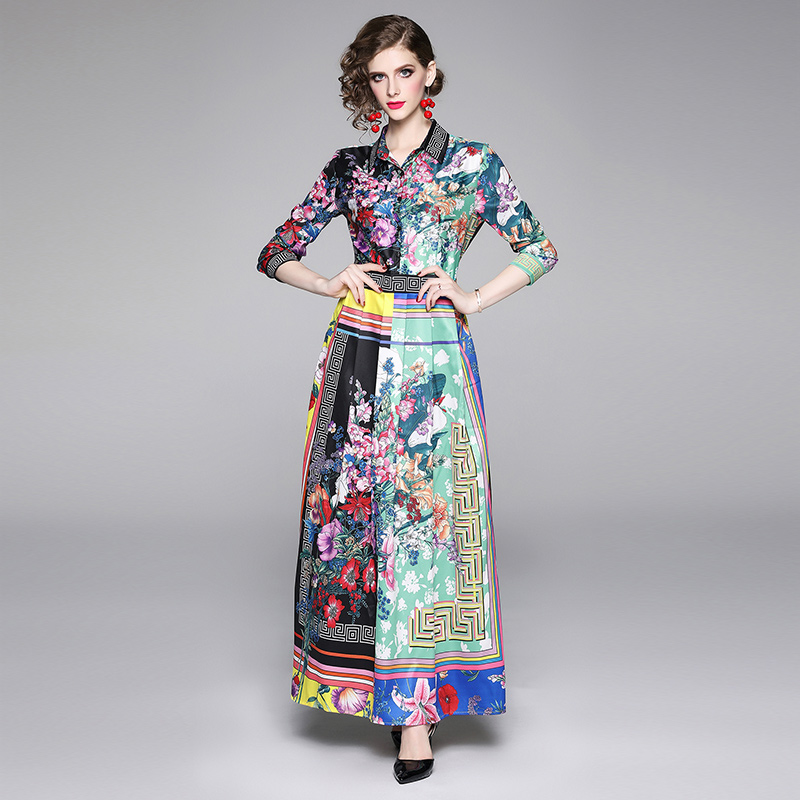 

New Style Runway Women's Barocco Print Shirt Dress Elegant Button Front Lapel Neck Office Lady Sexy Slim Printed Party Evening Maxi Dresses, Blue