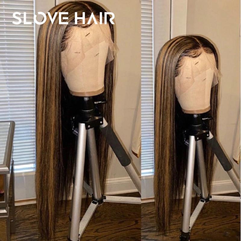

13x4 Long Straight Honey Blond Lace Front Human Hair Wigs for Women Ombre Color Highlight Remy Brazilian PrePlucked Slove Hair, As pic