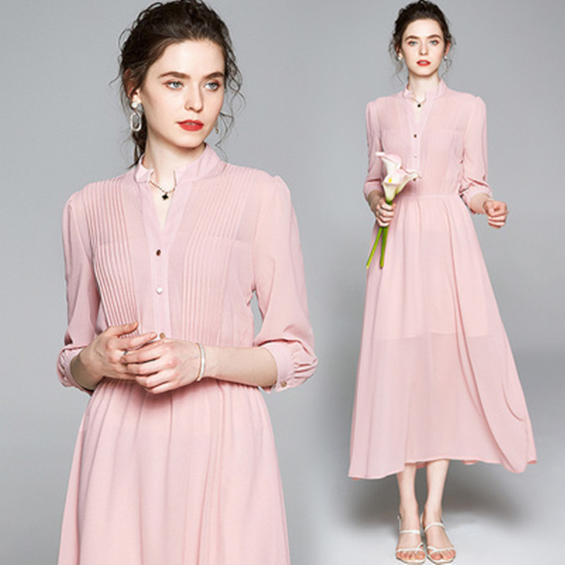 

High Quality Luxurious Chiffon Long Dress Women New 2020 V-neck A-line Chiffon Dresses Casual On Vacation Maxi Dress Vestidos, Picture color