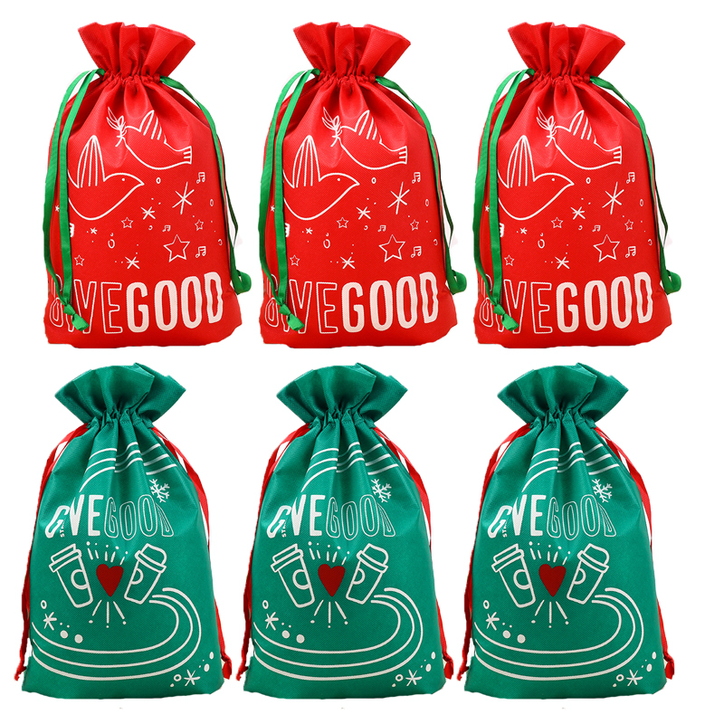 

6pcs 15*10 Inch Christmas Gift Bags with Drawstring 3D Reusable Red/Green Fabiric Birthday Gift Bags For Kids Party Favors/Candy